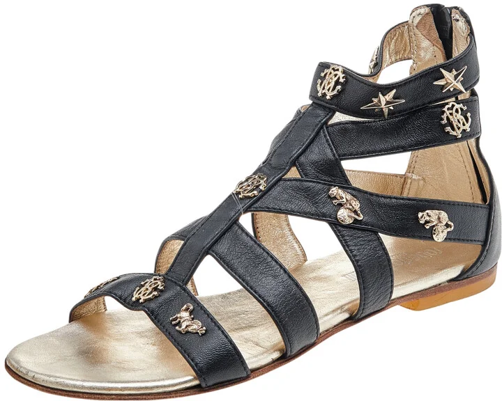 Roberto Cavalli Black Leather Embellished Sandals Size 35