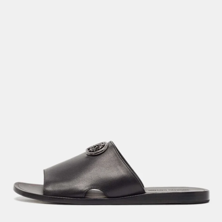 Roberto Cavalli Black Leather Logo Flat Slide Sandals Size 43