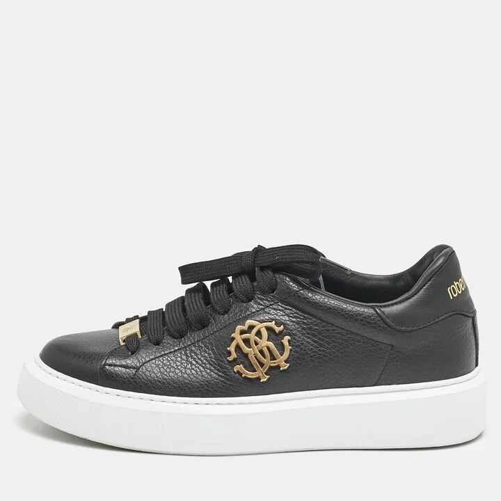 Roberto Cavalli Black Leather Low Top Sneakers Size 37
