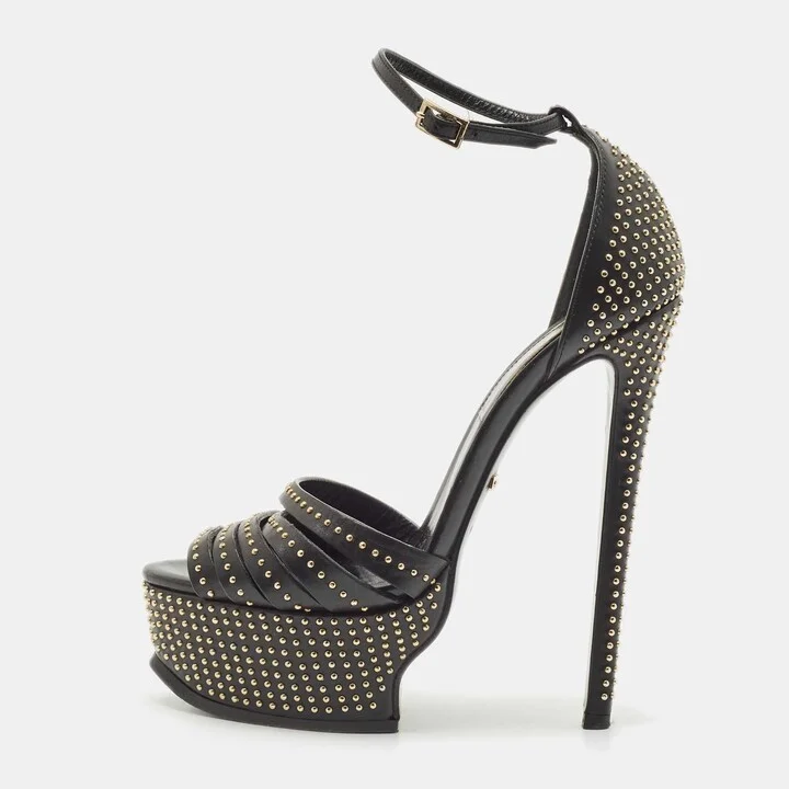 Roberto Cavalli Black Leather Studded Platform Sandals Size 36