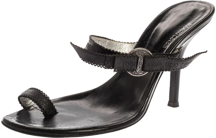 Roberto Cavalli Black Leather Toe Ring Sandals Size 37