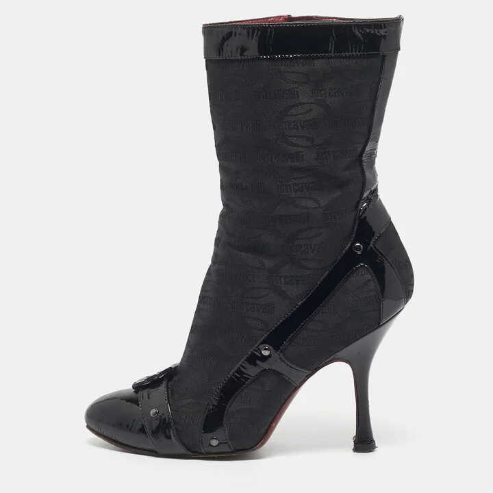 Roberto Cavalli Black Monogram Nylon and Patent Leather Buckle Ankle Length Boots Size 37