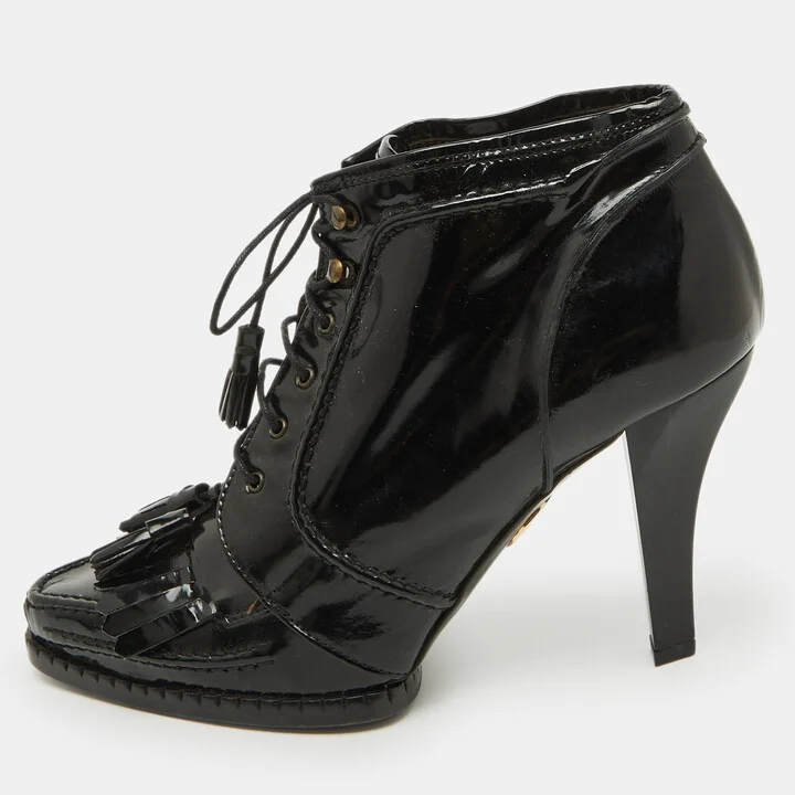 Roberto Cavalli Black Patent Leather Fringe Ankle Length Boots Size 39