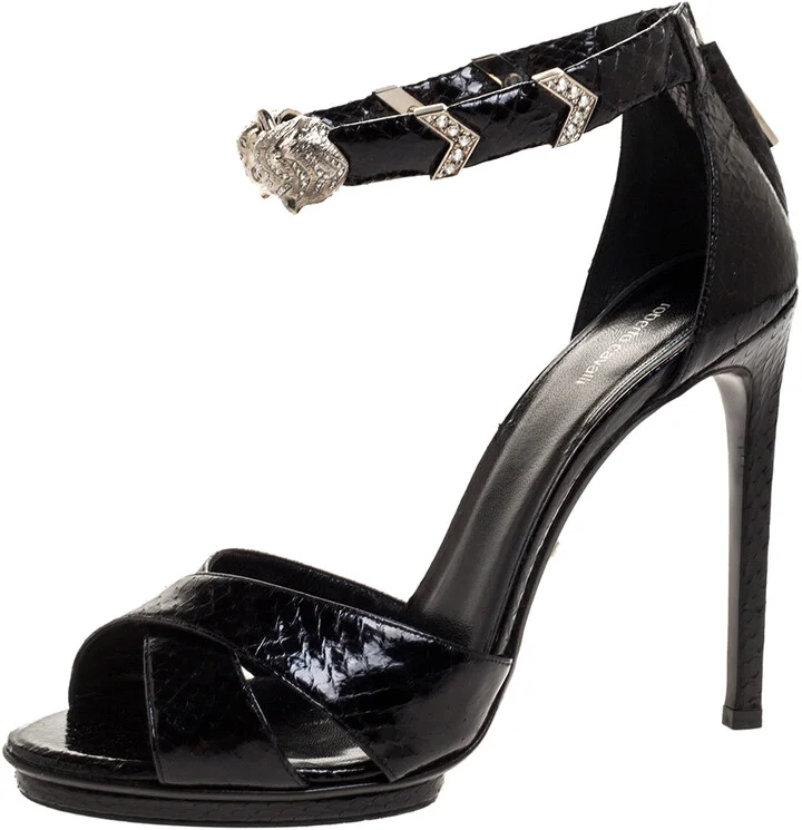 Roberto Cavalli Black Python Crystal Embellished Panther Sandals Size 39