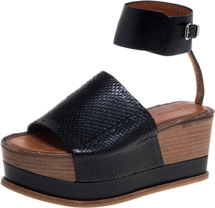 Roberto Cavalli Black Python Leather Platform Ankle Cuff Sandals Size 37