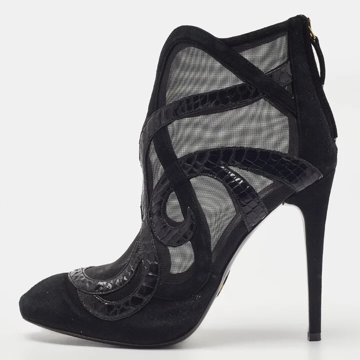 Roberto Cavalli Black Python Suede and Mesh Ankle Booties Size 39
