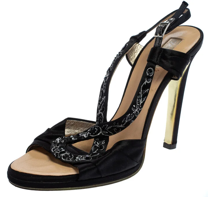 Roberto Cavalli Black Satin Embellished Slingback Sandals Size 37.5