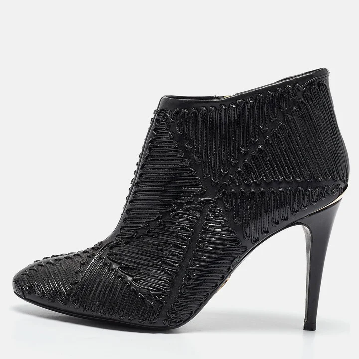 Roberto Cavalli Black Textured Leather Ankle Booties Size 40