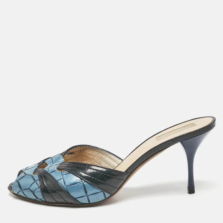 Roberto Cavalli Blue/Black Croc Embossed and Vintage Leather Slide Sandals Size 38
