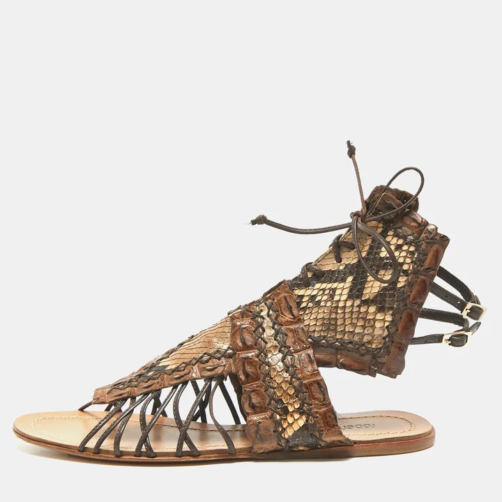 Roberto Cavalli Brown Crocodile and Python Leather Lace Up Sandals Size 36