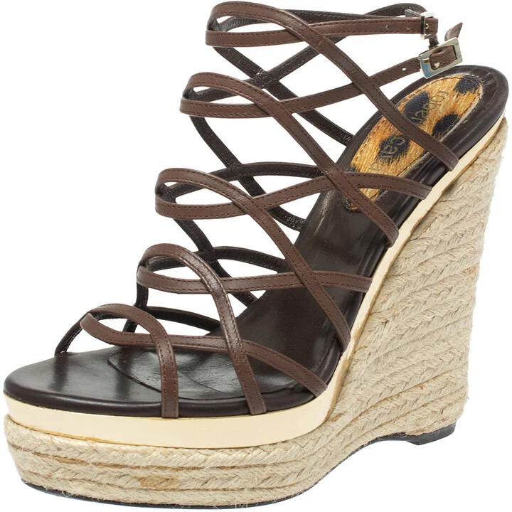 Roberto Cavalli Brown Leather Wedge Platform Espadrille Strappy Sandals Size 35