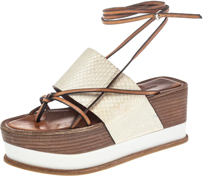 Roberto Cavalli Cream Python Wedge Platform Ankle Wrap Sandals Size 38.5