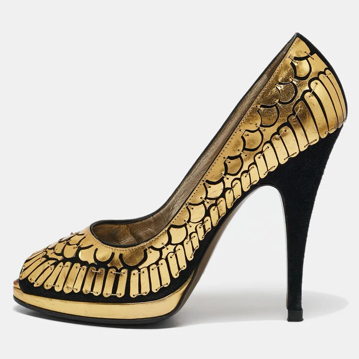 Roberto Cavalli Gold/Black Suede Leather Fish Scale Peep Toe Platform Pumps Size 40
