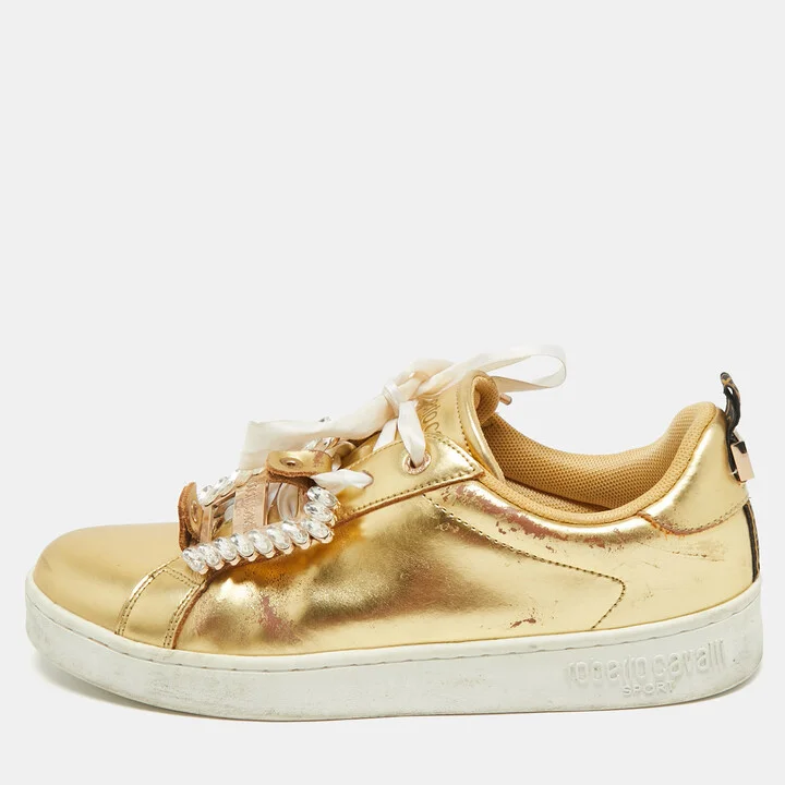 Roberto Cavalli Gold Leather Crystal Embellished Low Top Sneakers Size 39