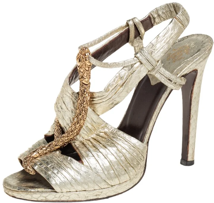 Roberto Cavalli Gold Python Snake Embellished Slingback Sandals Size 38