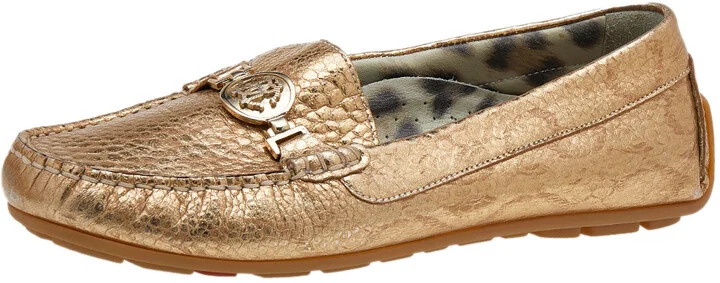 Roberto Cavalli Metallic Gold Iridescent Effect Leather Embellished Slip On Loafers Size 39