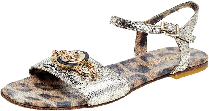 Roberto Cavalli Metallic Gold Leather Flat Sandals Size 35