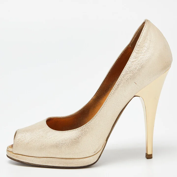 Roberto Cavalli Metallic Gold Leather Peep Toe Pumps Size 37