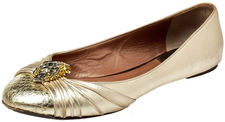 Roberto Cavalli Metallic Gold Leather Snake Head Crystal Embellished Ballet Flats Size 39.5
