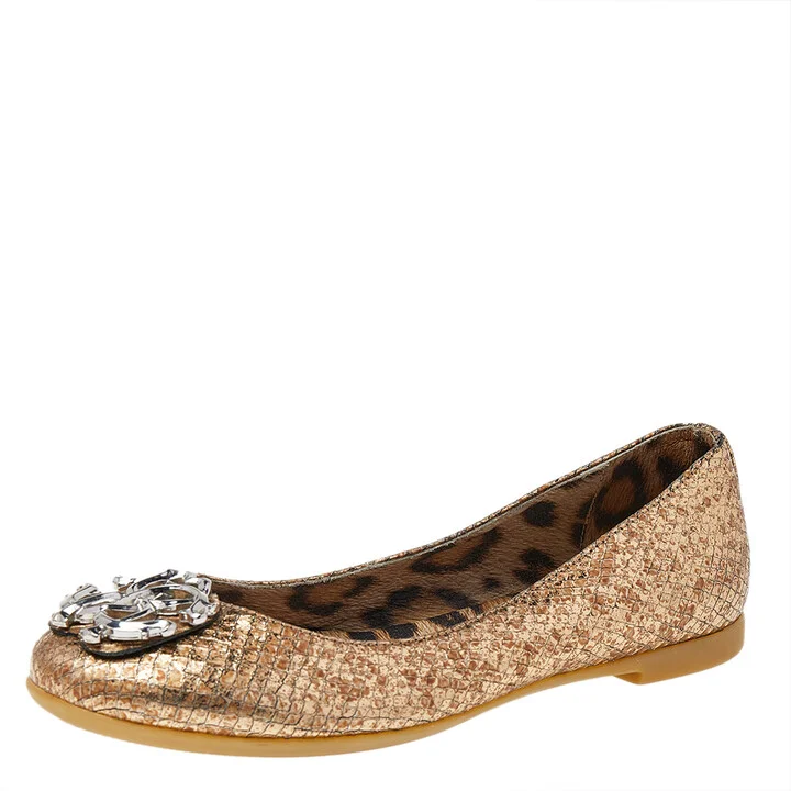 Roberto Cavalli Metallic Gold Python Embossed Leather Logo Embellished Ballet Flats Size 36