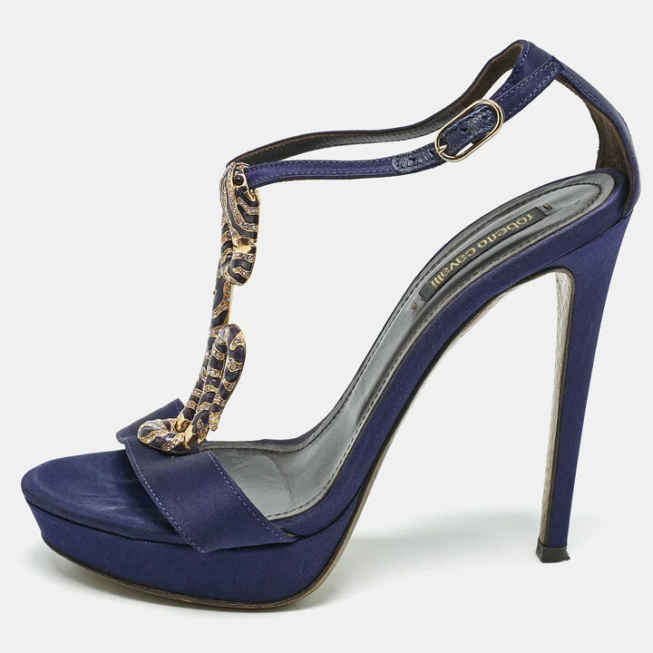 Roberto Cavalli Purple Satin Snake Embellished T-Strap Sandals Size 36