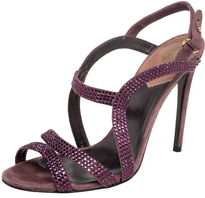 Roberto Cavalli Purple Suede Crystal Embellished Strappy Sandals Size 40