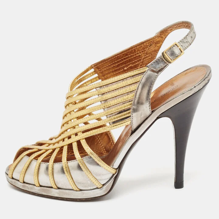 Roberto Cavalli Silver/Gold Leather Strappy Slingback Sandals Size 37.5