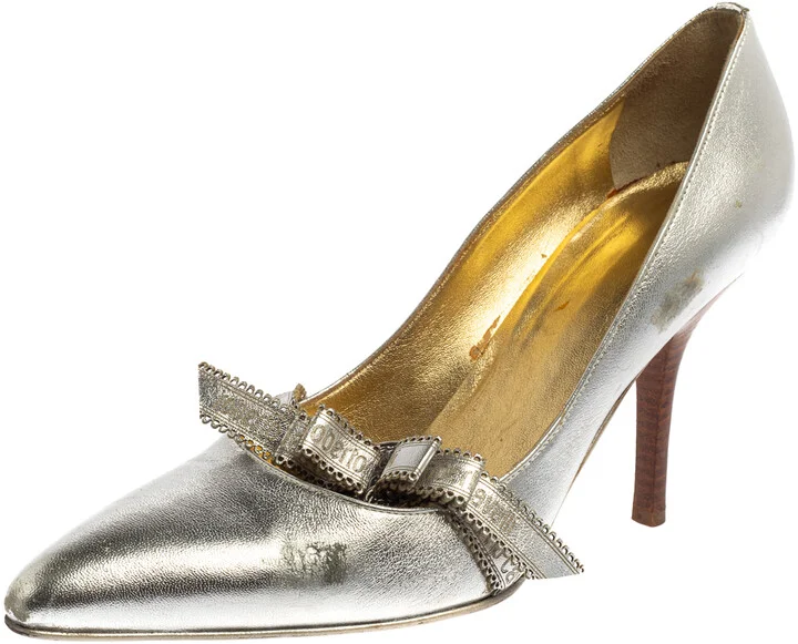 Roberto Cavalli Silver Leather Slip On Pointed Toe Pumps Size 38