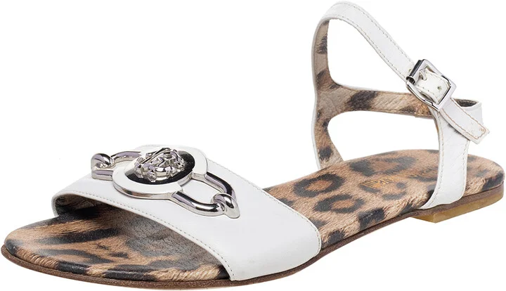 Roberto Cavalli White Leather Embellished Flat Sandals Size 37