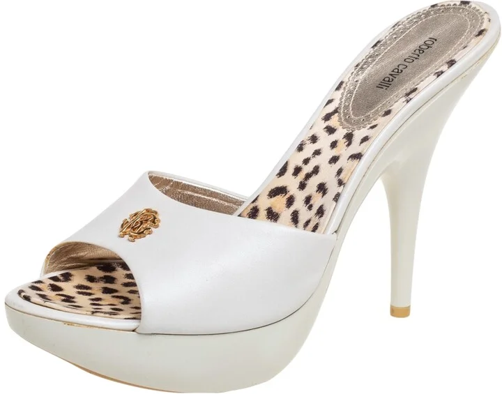 Roberto Cavalli White Leather Logo Buckle Platform Sandals Size 40