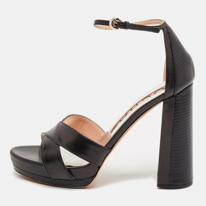 Rochas Black Leather and Lizard Embossed Leather Ankle Strap Sandals Size 40