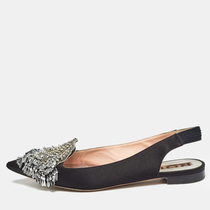 Rochas Black Satin Crystal Embellished Flat Slingback Sandals Size 36