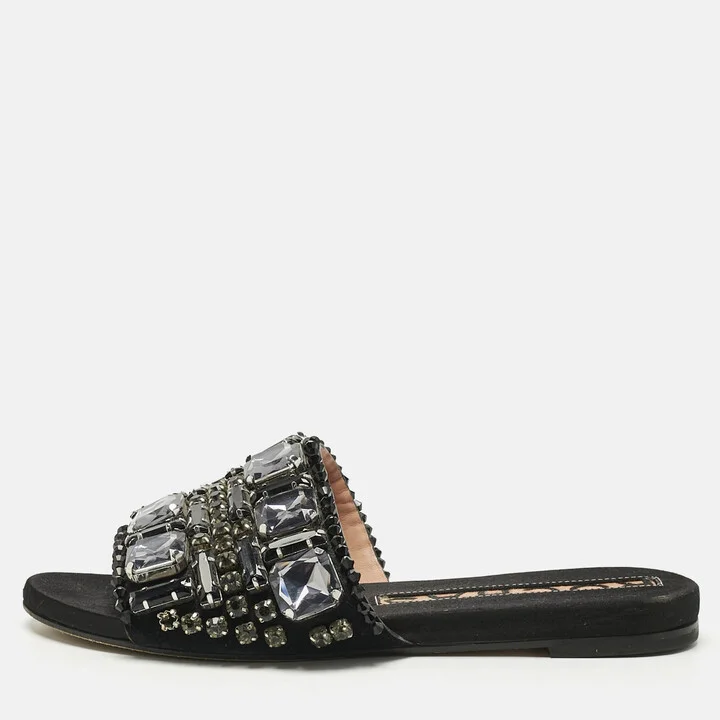 Rochas Black Suede and Velvet Crystal Embellished Flat Slides Size 40