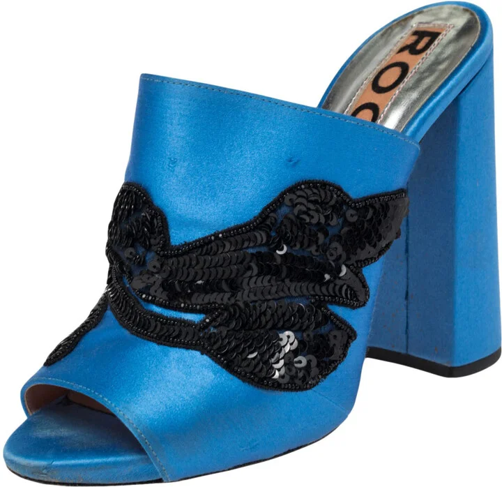 Rochas Blue Satin Embellishment Mule Sandals Size 36