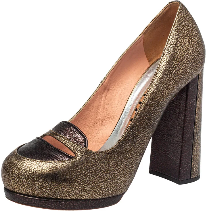 Rochas Metallic Bronze/Brown Leather Block Heel Loafer Pumps Size 39