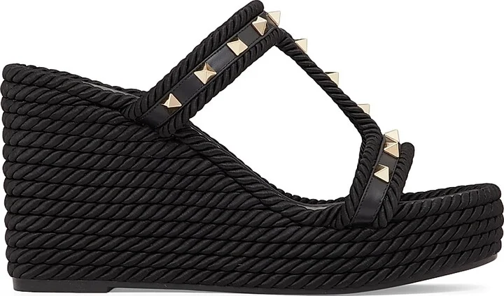 Rockstud 90MM Wedges in Calfskin - Black - Size 8