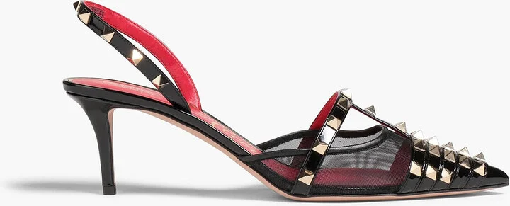 Rockstud Alcove mesh and patent-leather slingback pumps