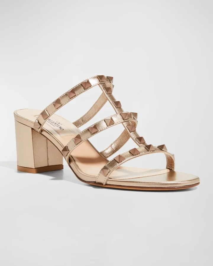 Rockstud Caged Metallic Leather Slide Sandals - Image 3