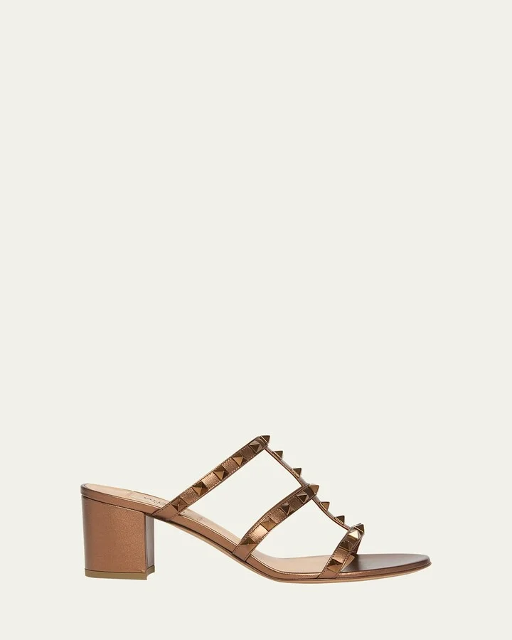Rockstud Caged Metallic Leather Slide Sandals