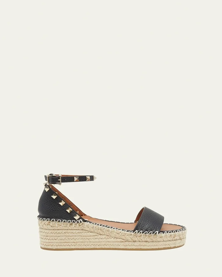 Rockstud Calfskin Flatform Espadrille Sandals