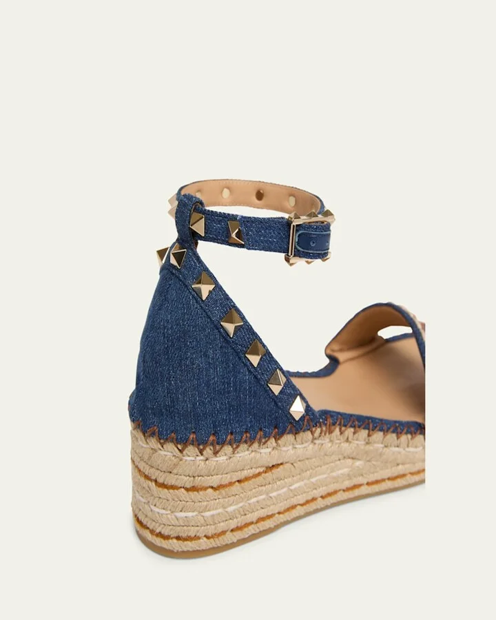 Rockstud Denim Wedge Espadrille Sandals - Image 5