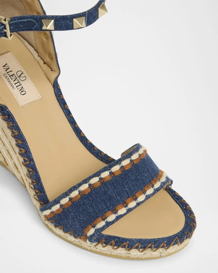 Rockstud Denim Wedge Espadrille Sandals - Image 8