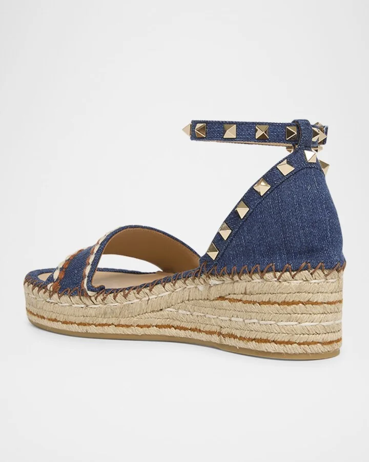 Rockstud Denim Wedge Espadrille Sandals - Image 9