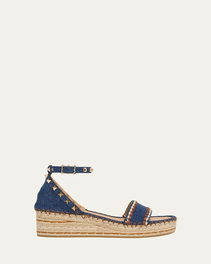 Rockstud Denim Wedge Espadrille Sandals
