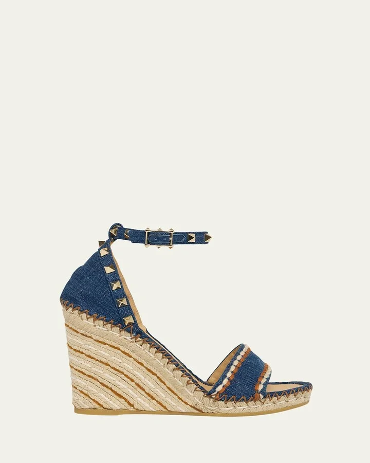 Rockstud Denim Wedge Espadrille Sandals