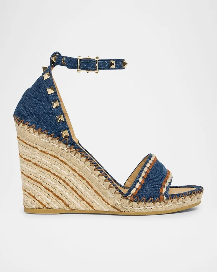Rockstud Denim Wedge Espadrille Sandals