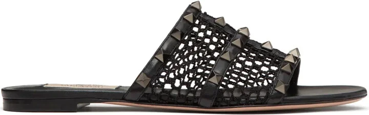 Rockstud-embellished interwoven slides