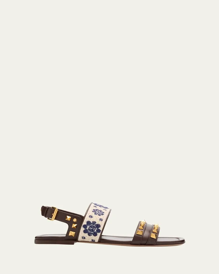 Rockstud Floral Embroidered Slingback Sandals
