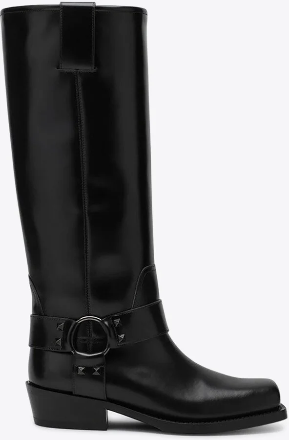 Rockstud Knee-High Leather Biker Boots