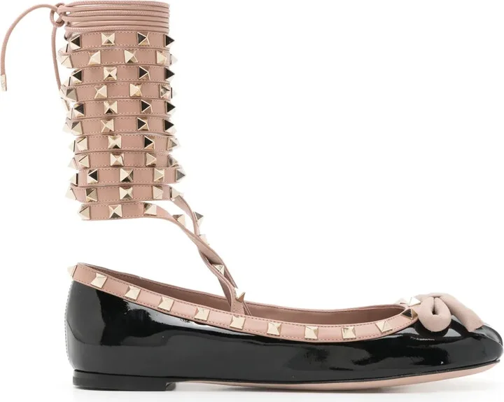Rockstud lace-up leather ballerinas